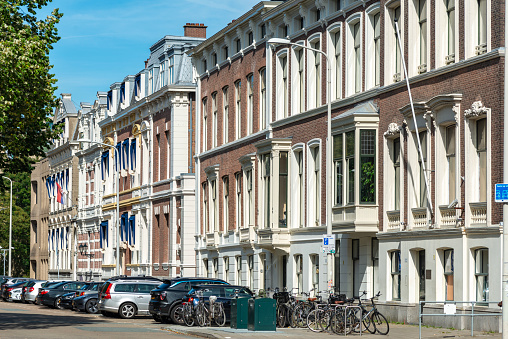 View on a street with stately old houses which are typical for The Hague, The Netherlands.