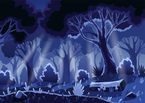 ilustraciones, imágenes clip art, dibujos animados e iconos de stock de paisaje del bosque nocturno de la historieta. troncos de árboles oscuros y follaje durante la noche. espeluznante paisaje natural salvaje. borde del bosque bajo la luz de la luna cayendo a través de las coronas. fondo de fantasía de madera salvaje - city night spooky skyline