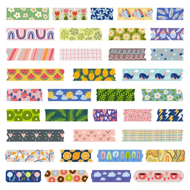 Vector illustration of Washi tape. Colored sticky tape with funny patterns recent vector decorative scotch. Illustration of multi-colored scrapbooking