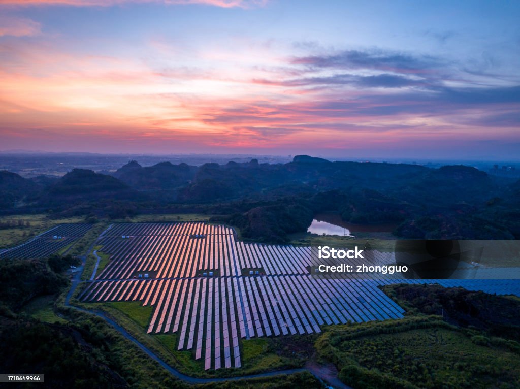Aerial photography of solar power plant at night Solar Panel Stock Photo