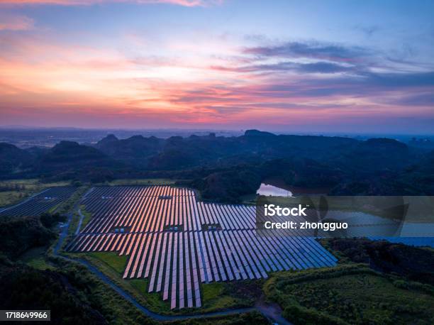 Aerial Photography Of Solar Power Plant At Night Stock Photo - Download Image Now - Solar Panel, Solar Energy, Landscape - Scenery