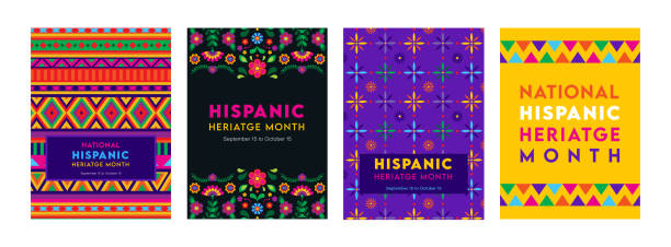 ilustraciones, imágenes clip art, dibujos animados e iconos de stock de mes de la herencia hispana. patrones florales en tarjetas de felicitación ilustración vectorial - mes nacional de la herencia hispana
