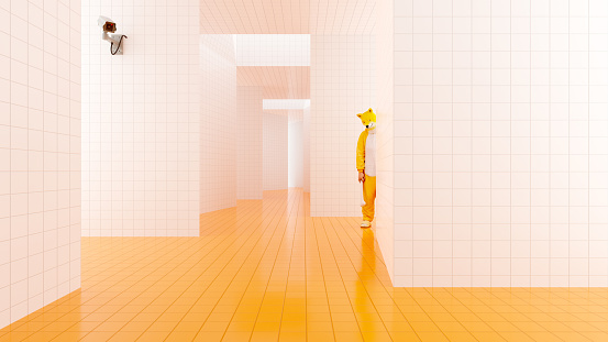 Person wearing a dog costume standing in a corridor monitored by a surveillance camera. All objects in the scene are 3D