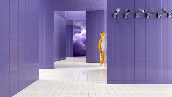 Person wearing a dog costume standing in a corridor monitored by surveillance cameras. All objects in the scene are 3D