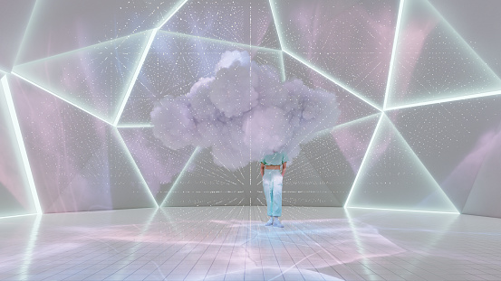 A woman surrounded by a wispy cloud and glowing particles in a reflective dome