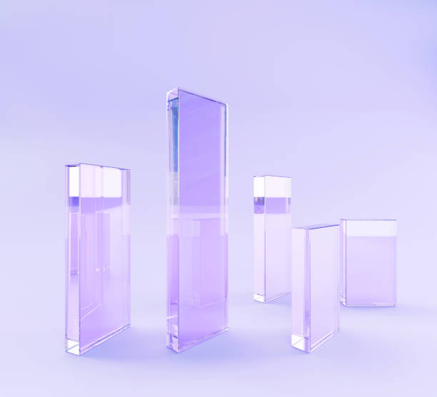 istock 3d render glass transparent clear rectangle plates on purple background. Abstract geometric shapes, crystal wall panels on stage with light refraction and hologram gradient texture 1718661769