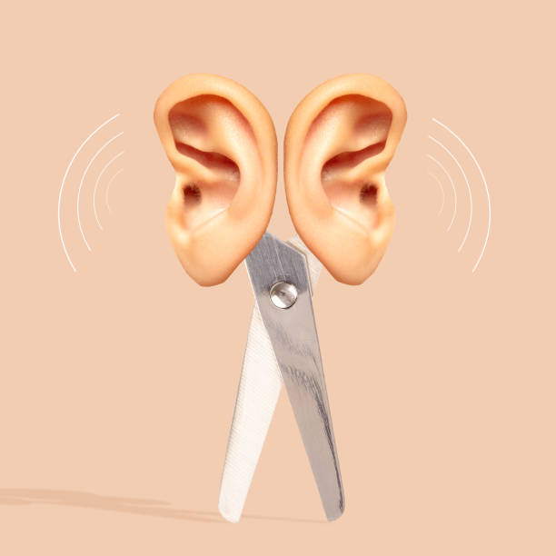 istock Scissors with two ears over each background. Overhearing, gossips, mass media influence. Contemporary art collage. 1718675510