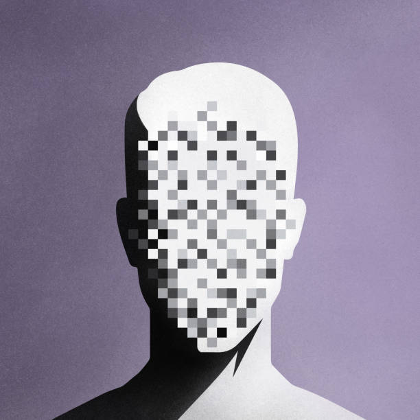 Human Digital Identity With Pixelated Face Modern Grainy Illustration Modern grainy illustration of abstract human figure with pixelated face, conceptual representation of virtual identity, encryption, biometrics and safeguarding of personal data in the digital era. pixelated face man stock illustrations