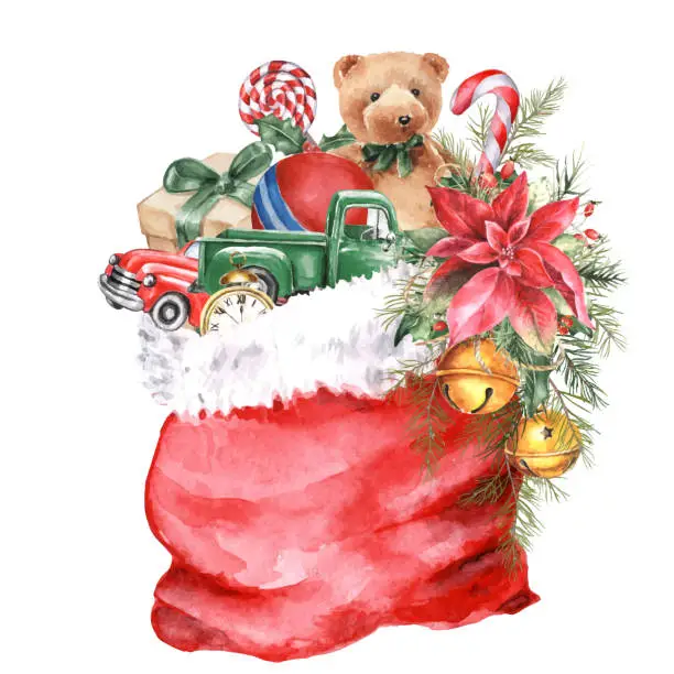 Vector illustration of Watercolor Christmas Santa's bag with gifts