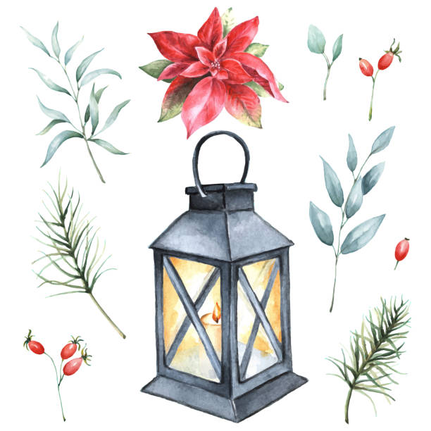 Watercolor Christmas set with lantern and poinsettia Watercolor Christmas set with lantern and poinsettia, isolated on white watercolor lantern set stock illustrations
