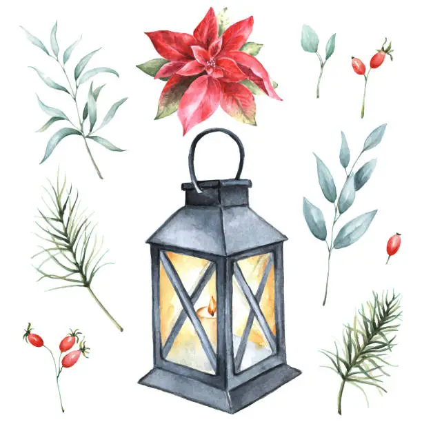 Vector illustration of Watercolor Christmas set with lantern and poinsettia