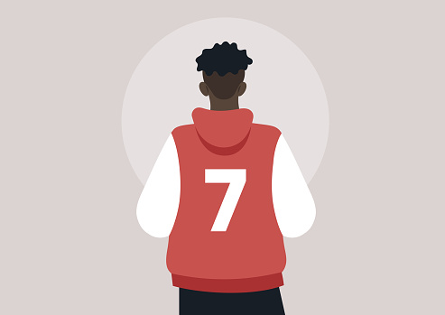 A rear view of a male character with afro hair, dressed in a bomber jacket displaying the number 7 on the back