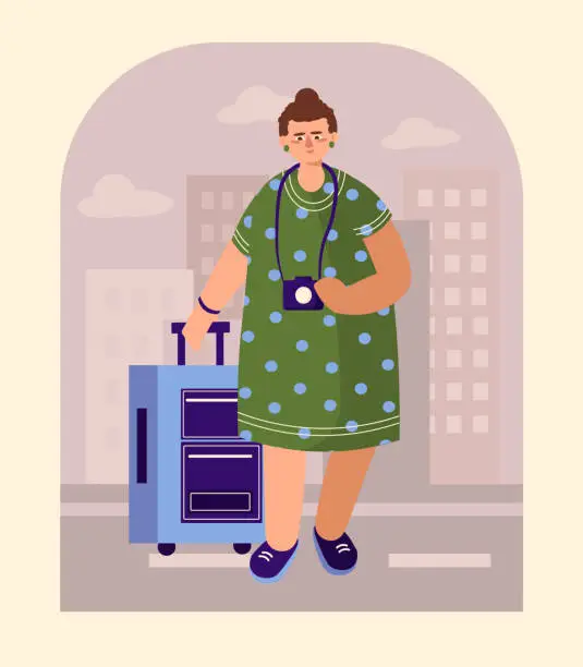 Vector illustration of Cartoon adult lady with trolley bag and camera walking in city, taking pictures of beautiful places
