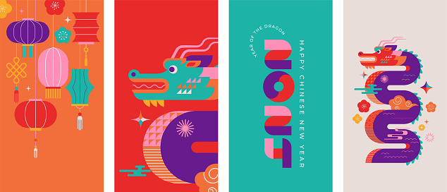 Lunar new year vertical background, banner, social media story template. Chinese New Year 2024 , Year of the Dragon. Geometric modern vector style