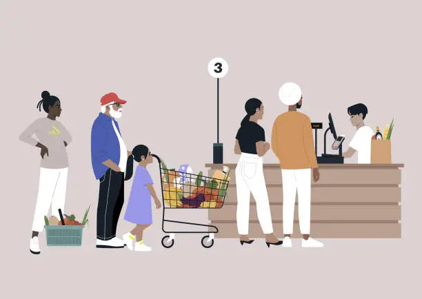 Vector illustration of A supermarket cash register scene with a diverse group of people, each with carts and baskets, patiently waiting in line