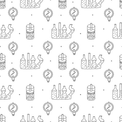 science, doodle, physics, hydrostatics, seamless pattern, hand drawn, equipment, vector, pressure, piston, thermodynamics, piston cylinder, cylinder, gas, communicating vessels, liquid, wallpaper, fabric, textile, background, seamless, pattern, education, school, laboratory, black outline, illustration, cartoon, coloring, sketch, graphic, drawing, outline, line
