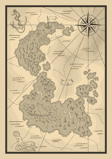 istock Cartoon island map template for next level game - adventures, treasure hunt. Pirate map with octopus and sharks. Pirate grunge map with windrose. Hand drawn vector illustration, vintage background 1718715292