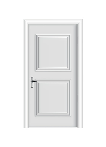 Closed white entrance. Realistic door with frame isolated on white background. Clean design white door template. Decorative house element.