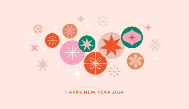 bildbanksillustrationer, clip art samt tecknat material och ikoner med christmas background in modern minimalist geometric style. colorful illustration in flat cartoon style. christmas decorations with geometrical patterns, stars and abstract elements - snöflingor