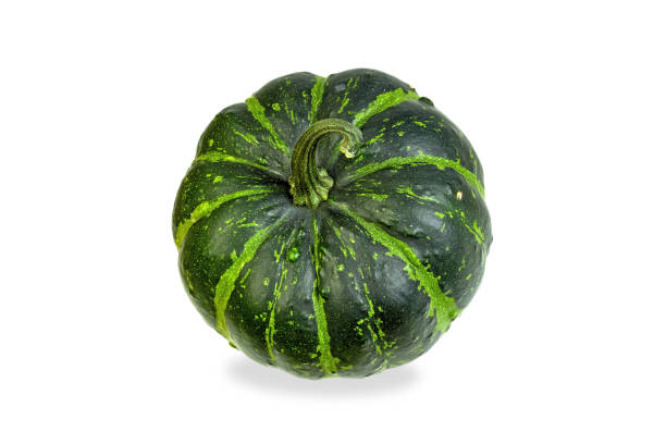 istock Striped green pumpkin isolated on white background. Halloween decor element 1718741998