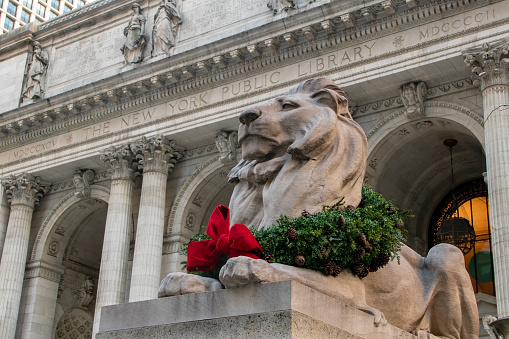 A majestic lion statue guards the entrance to the New York City Public Library on 5th Avenue in Manhattan, adding a touch of grandeur to this iconic cultural institution in the heart of NYC, USA.