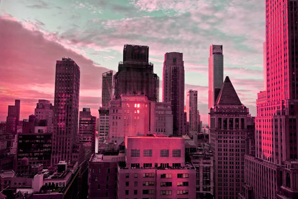 Iconic skyscrapers in the heart of New York City's Manhattan skyline showcase cutting-edge modern architecture, forming a breathtaking urban landscape.