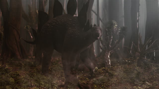 stegosaurus crossing forest