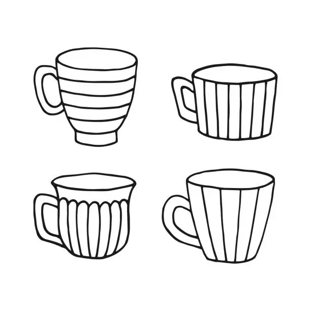 Vector illustration of Hand drawn cup mug. Set of cups in doodle style. Vector illustration isolated on white background.