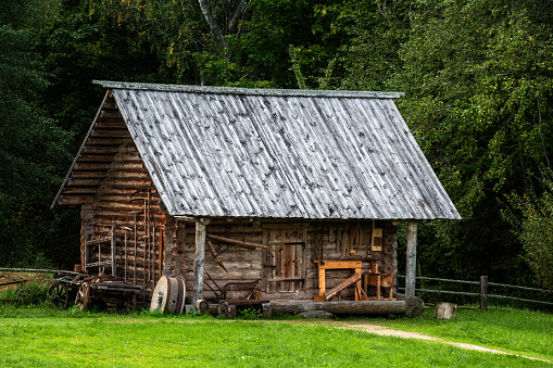 Old wooden barn log house with a wooden roof on a background of green forest