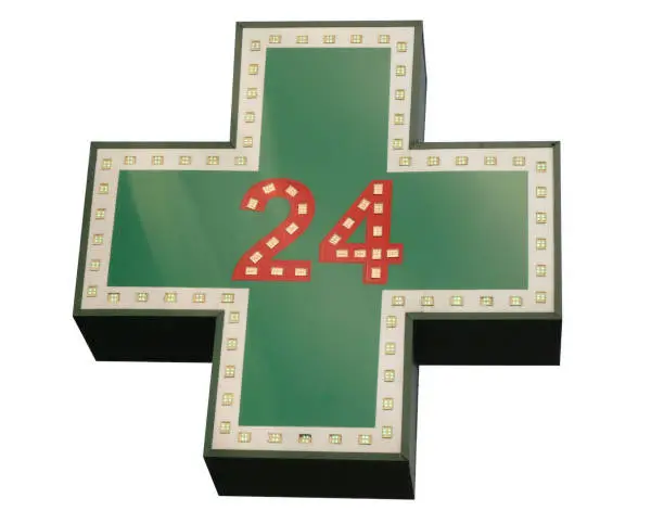 Photo of medical  twenty-four-hour drugstore signboard isolated