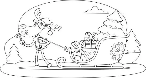 Vector illustration of Outlined Funny Reindeer Cartoon Character Pulls A Sleigh With Gift Boxes And A Christmas Tree