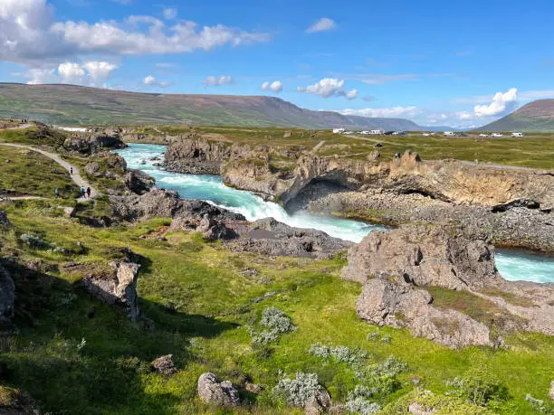 The Goðafoss waterfall is one of the most spectacular waterfalls in Iceland.  The waterfall is one of the larger falls in Iceland and is a popular destination throughout the year.