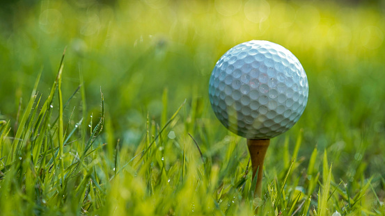 Closeup side view of a young man choosing a club at a golf course driving range.