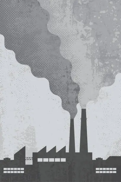 Vector illustration of Factory Chimney Smoke Industrial Air Pollution Grunge Background