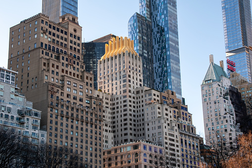 Iconic skyscrapers in the heart of New York City's Manhattan skyline showcase cutting-edge modern architecture, forming a breathtaking urban landscape.