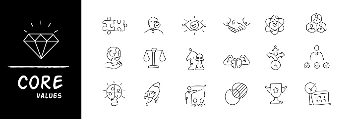 A comprehensive set of icons representing core company values, culture, mission, and principles. Ideal for conveying your business ethos visually.