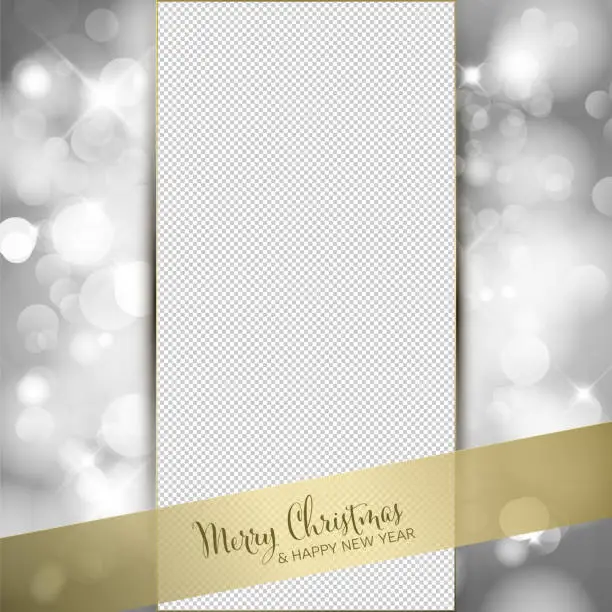 Vector illustration of Christmas family photo card layout template with golden ribbon