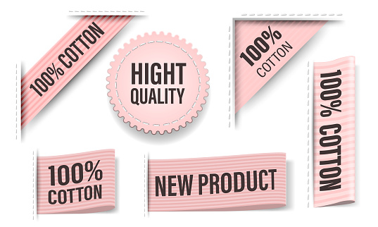 Relistic 3D pink pastel fabric labels set collection on white background vector illustration.