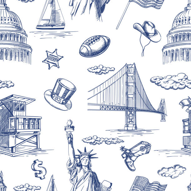 USA landmarks seamless pattern. Vector hand drawn sketch illustration. United States of America national symbols USA landmarks seamless pattern. Vector hand drawn sketch illustration. United States of America national symbols on white background. Travel and tourism fashion textile print or wrapping paper design san francisco flag stock illustrations
