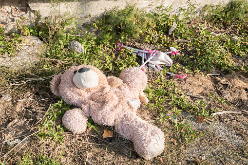 Teddy bear toy dumped on the ground