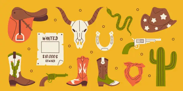 Vector illustration of Vector western set. Retro collection of cowboy boots, bandana, hat, gun, cactus, horseshoe, cow skull, saddle, wanted poster and snake. Wild west and Texas concept.