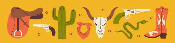 Vector illustration of Vector western collection. Retro set of cowboy boot, bandana, gun, cactus, cow skull, saddle and snake. Wild west and Texas concept. Vintage western elements.