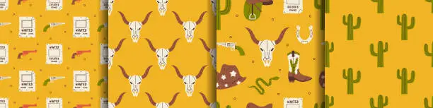 Vector illustration of Vector set of western seamless patterns. Backgrounds with cowboy boots, hat, gun, cactus, horseshoe, cow skull, saddle, wanted poster and snake. Wild west pattern collection.