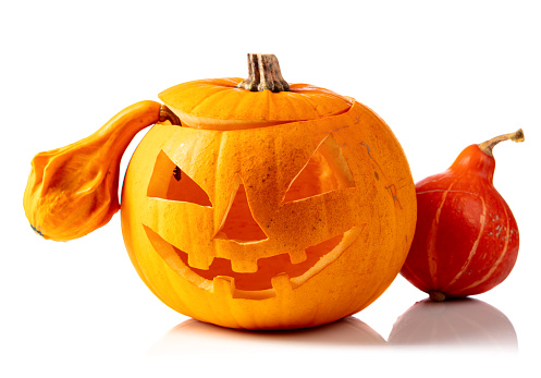 Halloween pumpkin head jack lantern isolated on a white background.