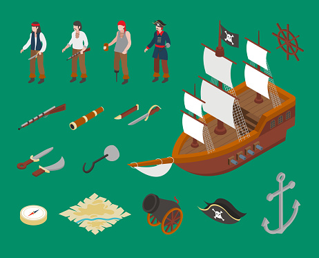 Pirates Set. Isometric vector illustration on the theme of pirates.