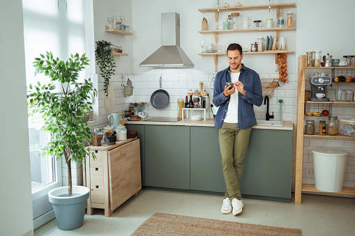 Young handsome smiling man using smart phone at domestic kitchen