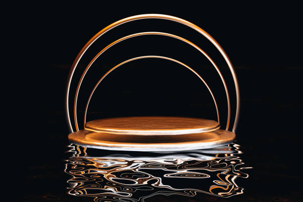 istock 3D golden pedestal podium isolated on black background. Minimal creative display. 1718909899