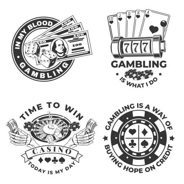Vector illustration of Set of gambling vintage print, logo, badge design with wheel of fortune, two dice, skeleton hand holding dollar, poker playing card silhouette. Vector illustration