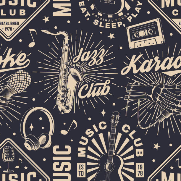 Retro music club seamless pattern. Background with retro microphone, saxophone, audio cassette, classical acoustic guitar, headphones with sunburst. Concept for background or wallpaper. Vector illustration Retro music club seamless pattern. Background with retro microphone, saxophone, audio cassette, classical acoustic guitar, headphones with sunburst. Concept for background or wallpaper. Vector microphone stand stock illustrations
