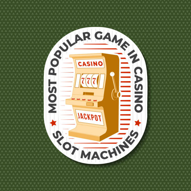 ilustrações de stock, clip art, desenhos animados e ícones de most popular game in casino, slot machines. logo, print, sticker, badge design with casino slot machines silhouette. vector illustration. casino slot machine for gambling industry, sport lottery services. - medium group of people